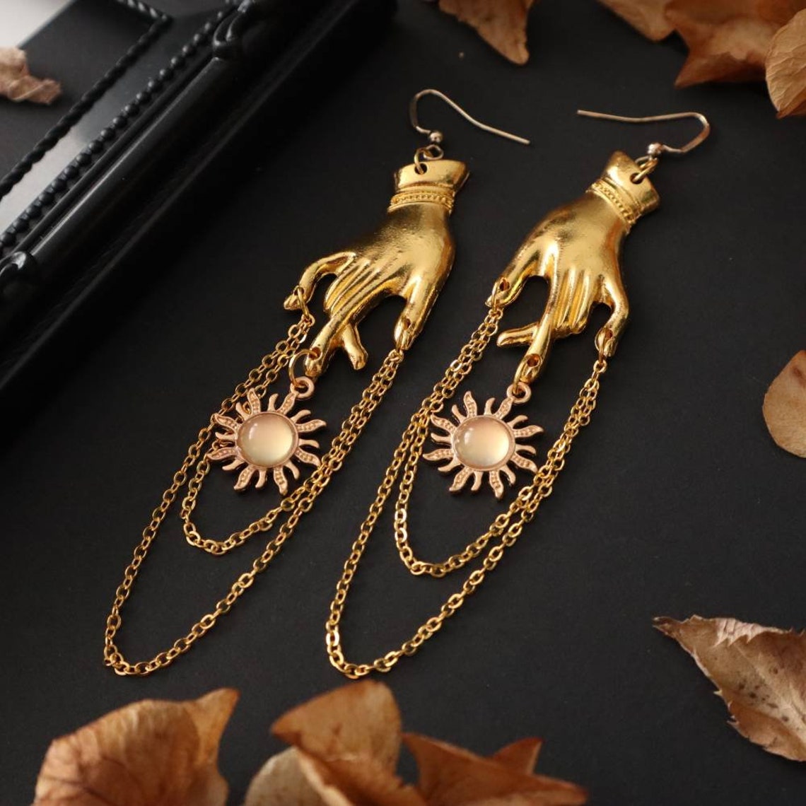 Golden Hand Chain & Sun Dangle Earrings