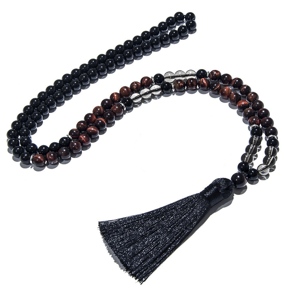 108 Bead Mala Handmade w/ Natural Red Tiger Eye & Black Onyx Stones