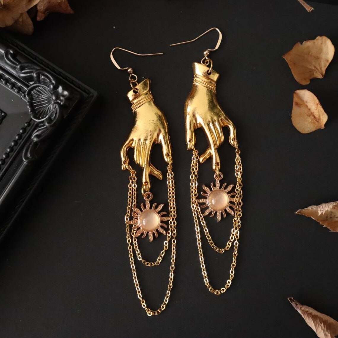 Golden Hand Chain & Sun Dangle Earrings