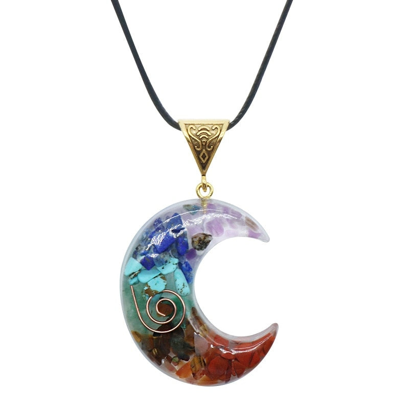 7 Chakras Crescent Moon Crystal Pendant Necklace