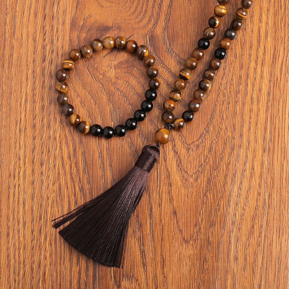 108 Bead Mala Handmade w/ Natural Yellow Tiger Eyes & Black Onyx