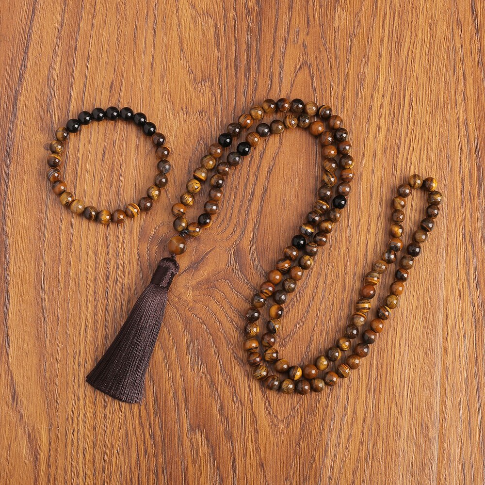 108 Bead Mala Handmade w/ Natural Yellow Tiger Eyes & Black Onyx