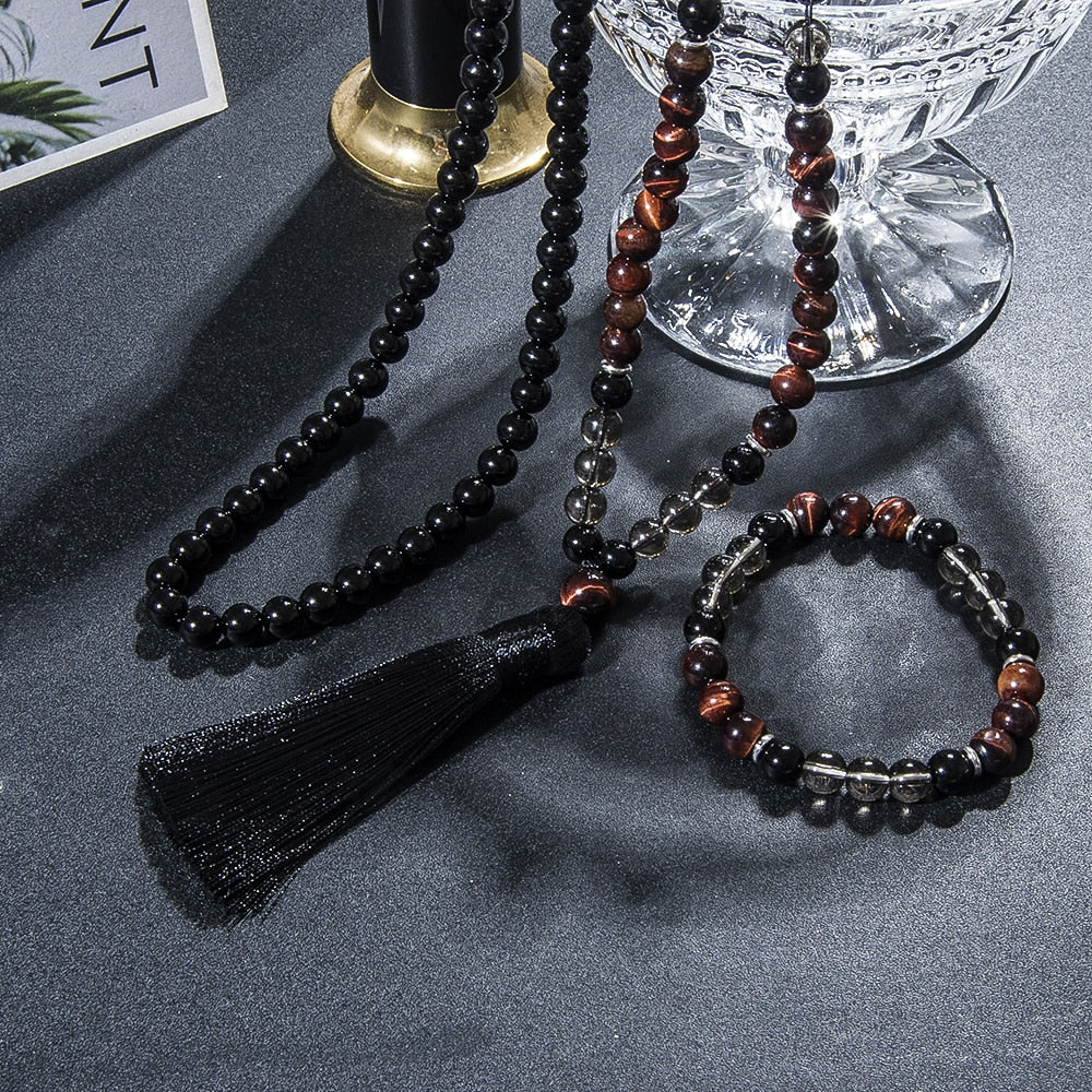 108 Bead Mala Handmade w/ Natural Red Tiger Eye & Black Onyx Stones