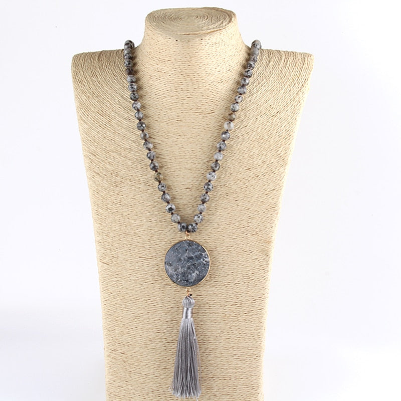 Semi Precious Stone Beaded Necklace w/ Tassel