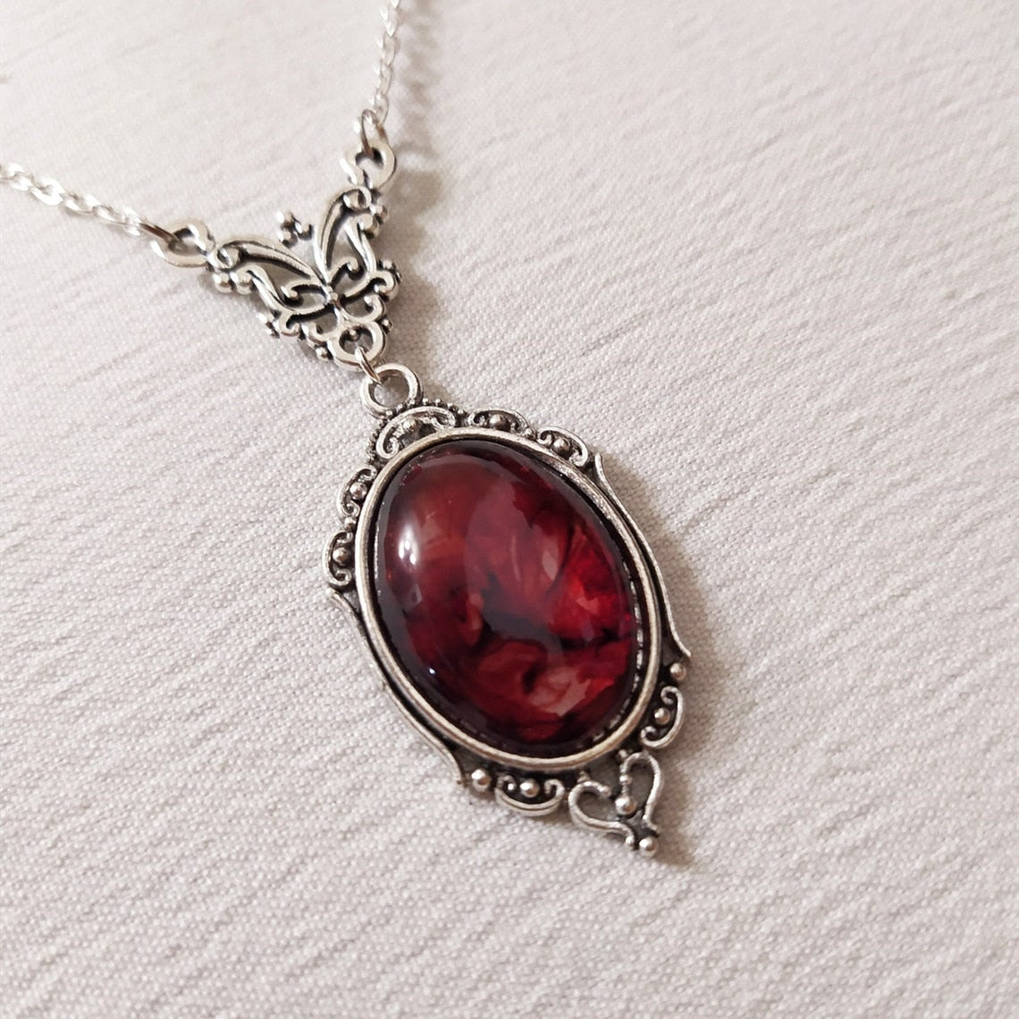 Oval Embossed Crystal Glass Pendant Necklace