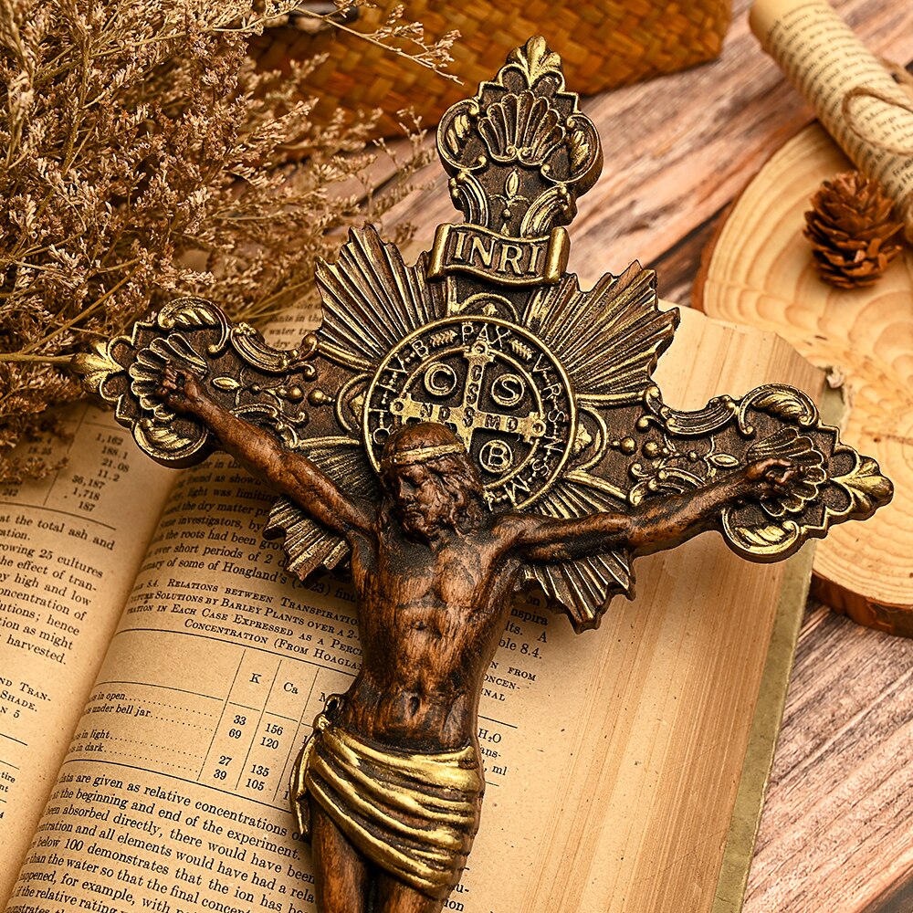 Handmade Wood Carving of Jesus on the Holy Cross with Saint Benedict Medal