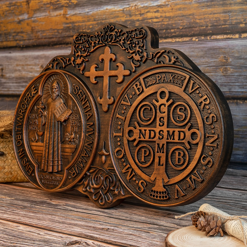 Saint Benedict Plaque Carved from Solid Wood