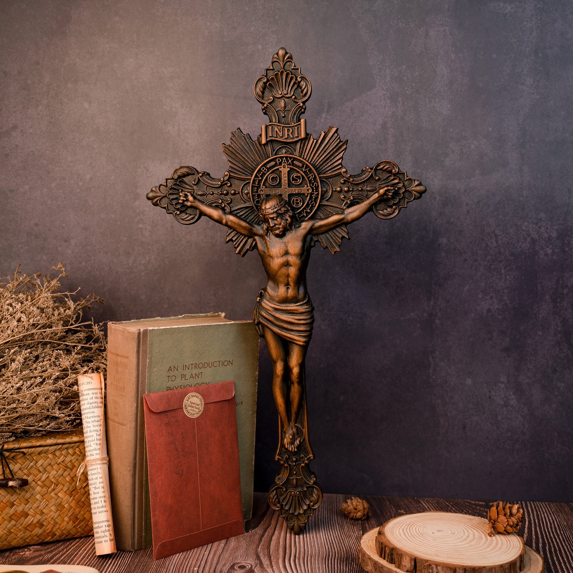 Handmade Wood Carving of Jesus on the Holy Cross with Saint Benedict Medal