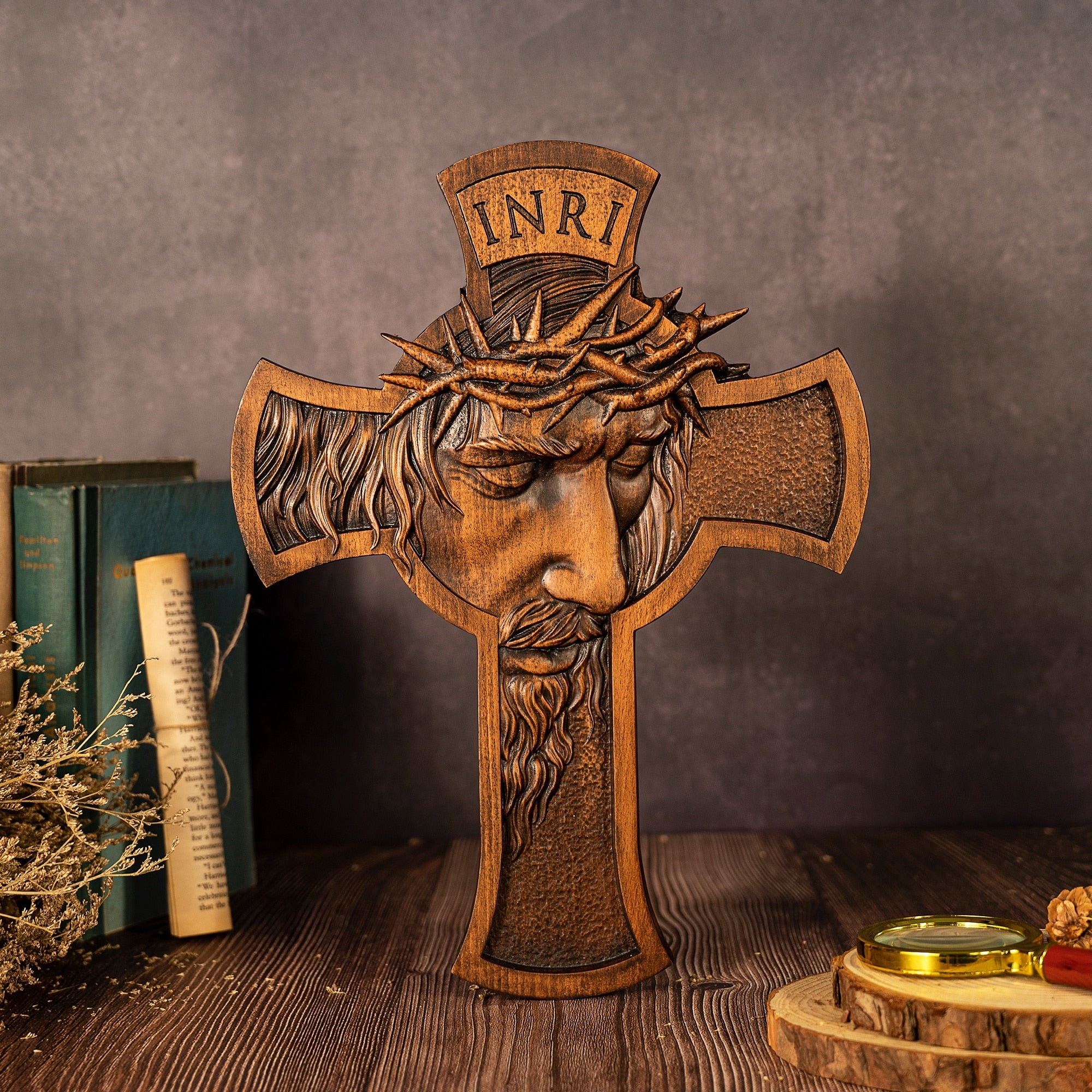 Crown of Thorns Crucifix INRI Carved from Solid Wood