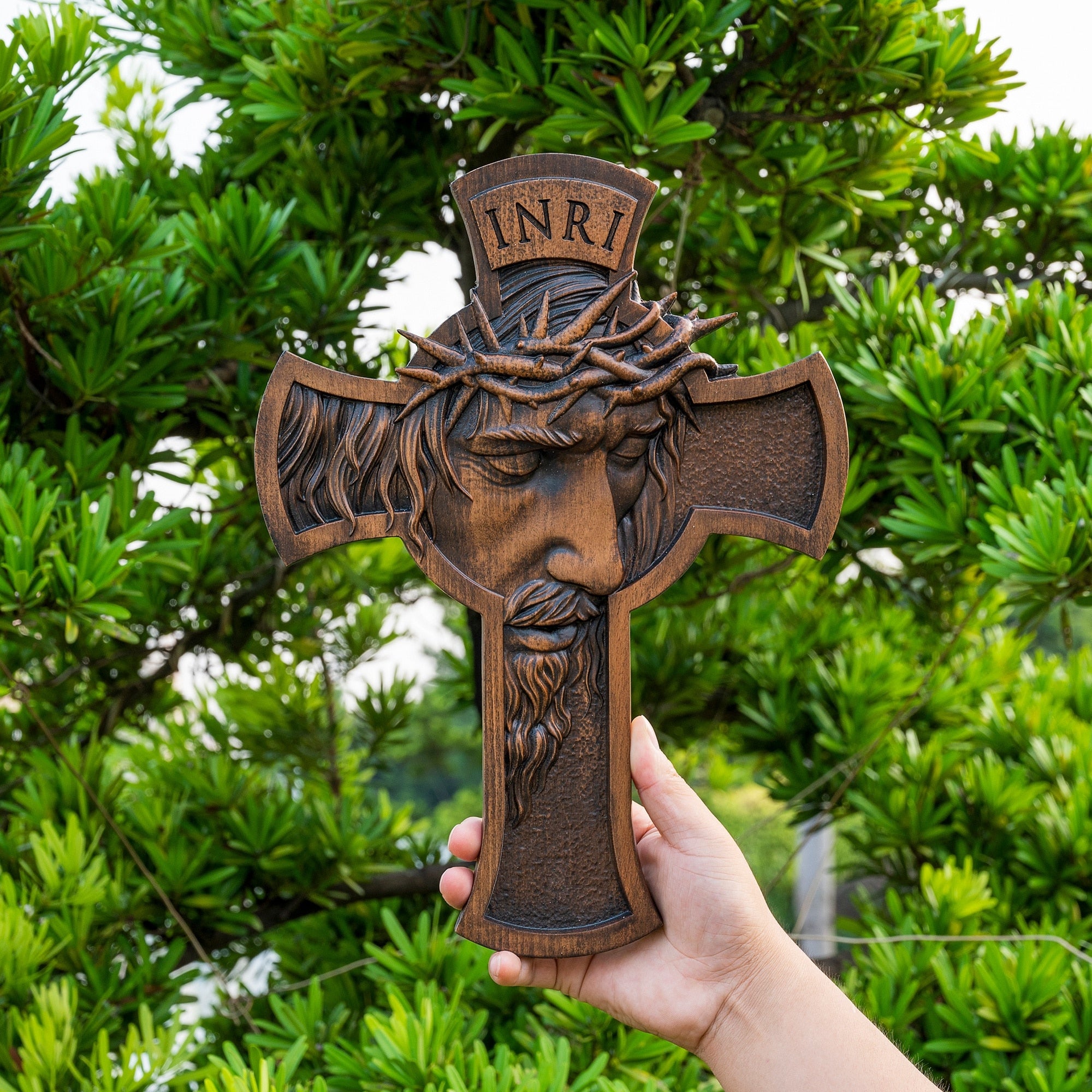 Crown of Thorns Crucifix INRI Carved from Solid Wood