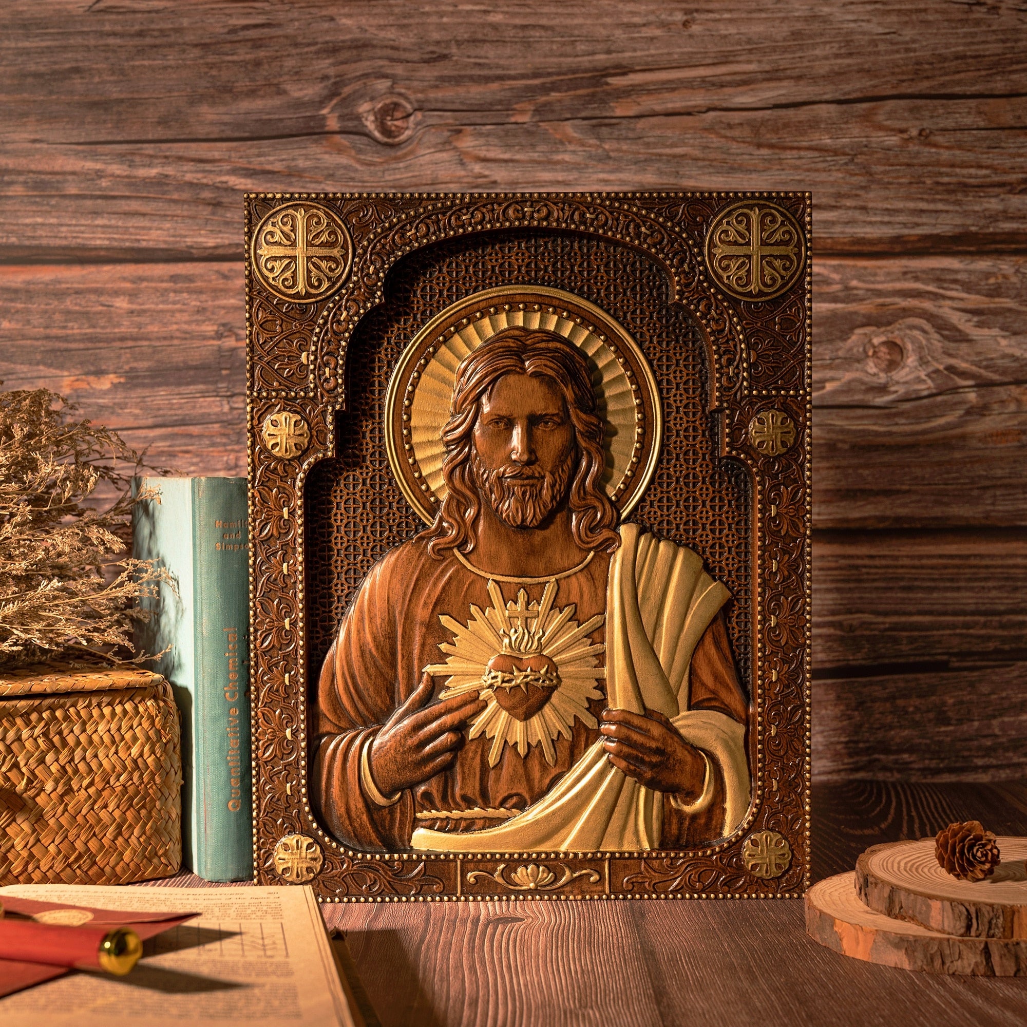 Jesus Sacred Heart Wood Plaque Handmade