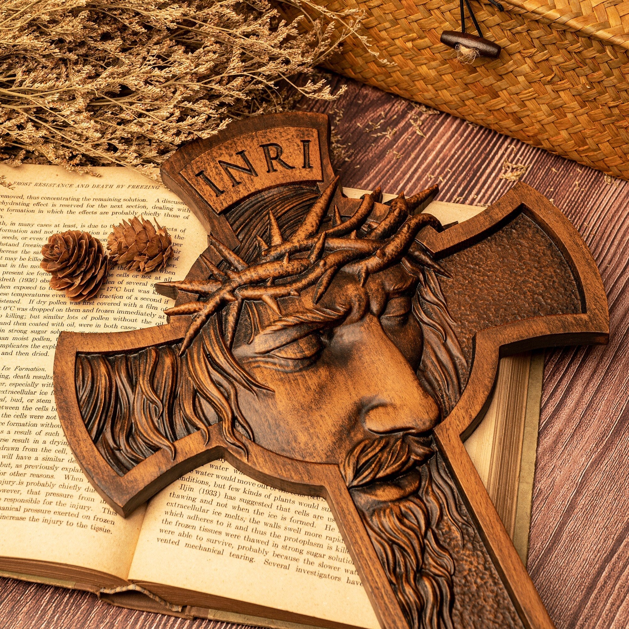 Crown of Thorns Crucifix INRI Carved from Solid Wood