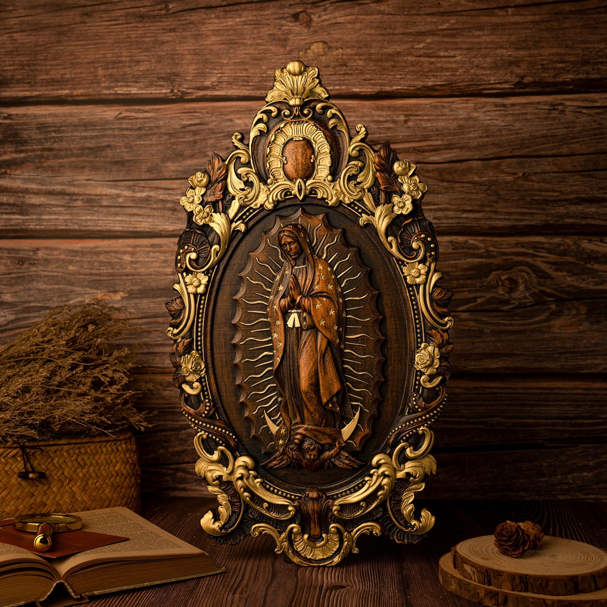 Virgin Mary Lady of Guadalupe Wood Plaque