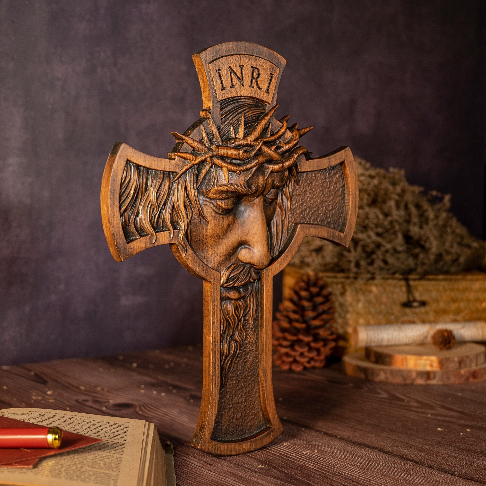 Crown of Thorns Crucifix INRI Carved from Solid Wood