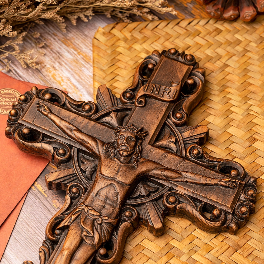 Jesus on the Holy Cross INRI Handmade Wood Carving