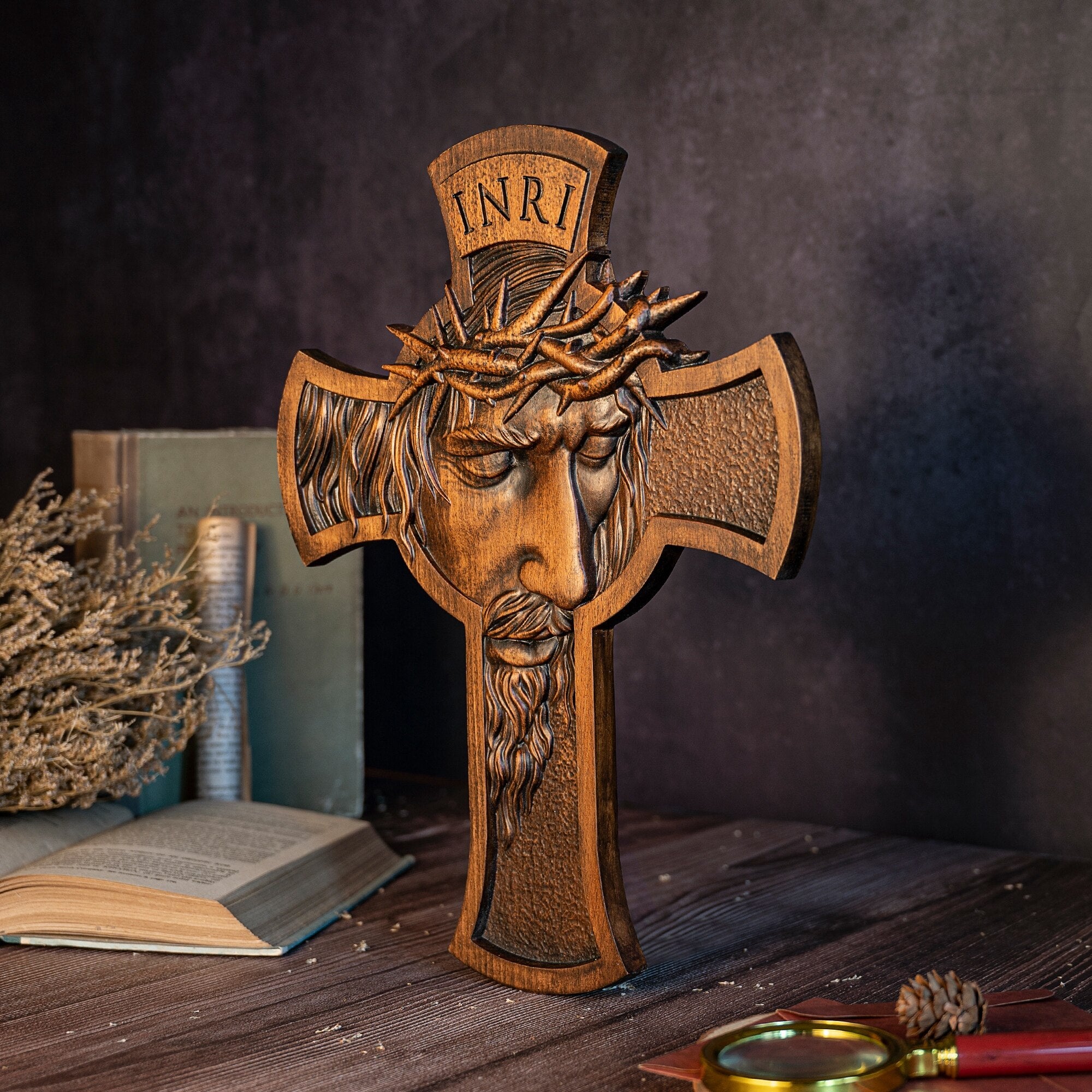 Crown of Thorns Crucifix INRI Carved from Solid Wood