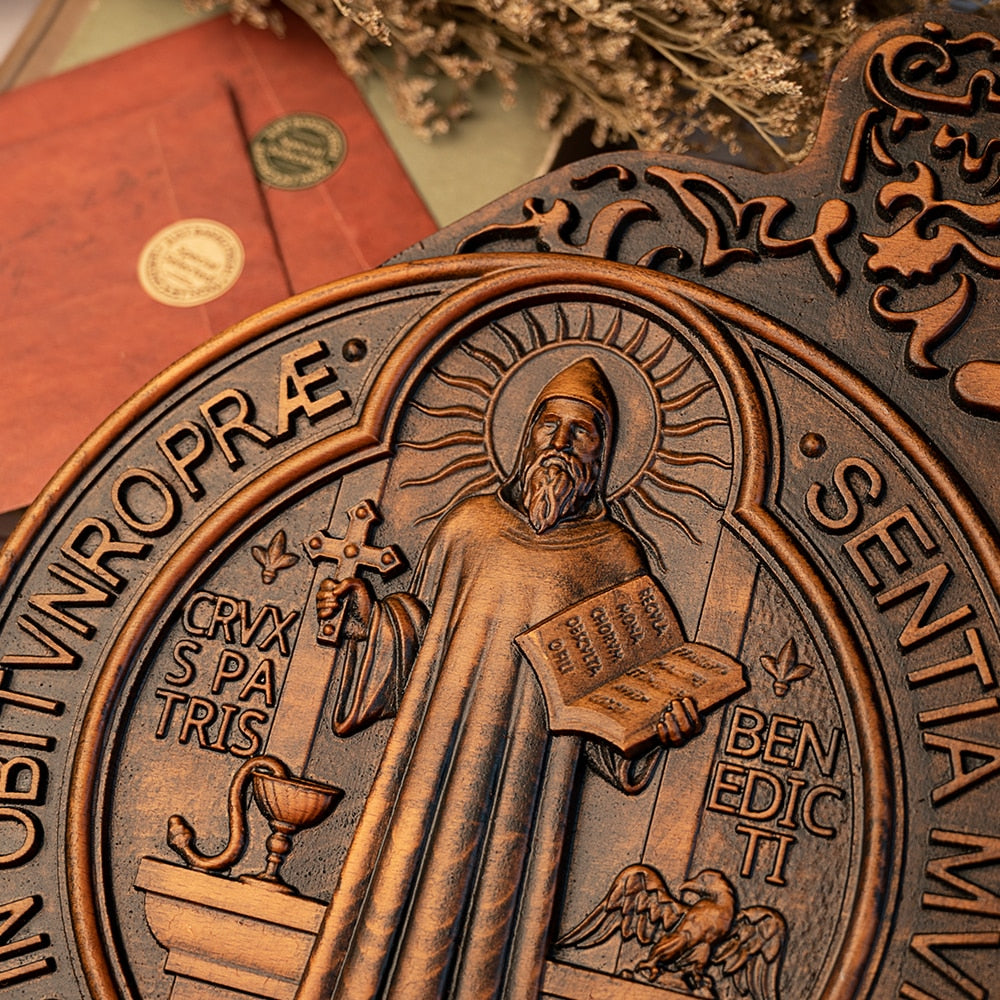 Saint Benedict Plaque Carved from Solid Wood