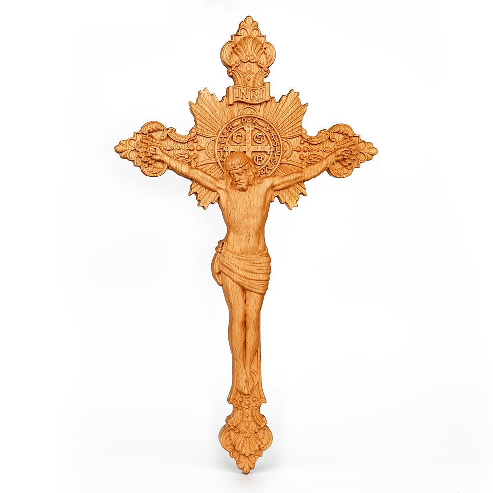 Handmade Wood Carving of Jesus on the Holy Cross with Saint Benedict Medal