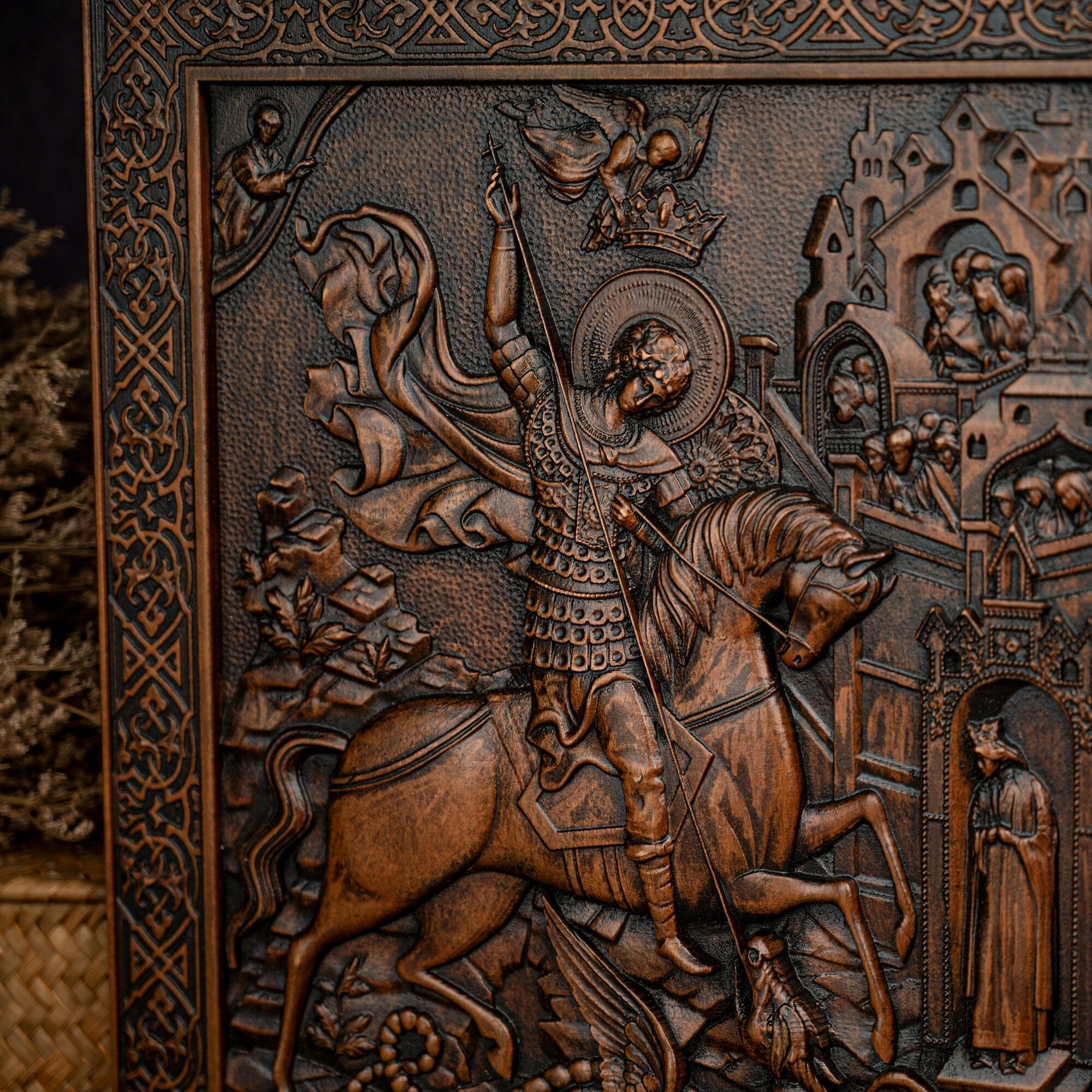 Saint George and the Dragon Wood Carving Plaque