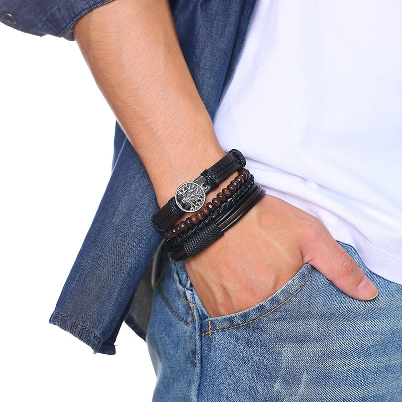 Braided Wrap Leather Bracelets for Men 4Pcs/Set