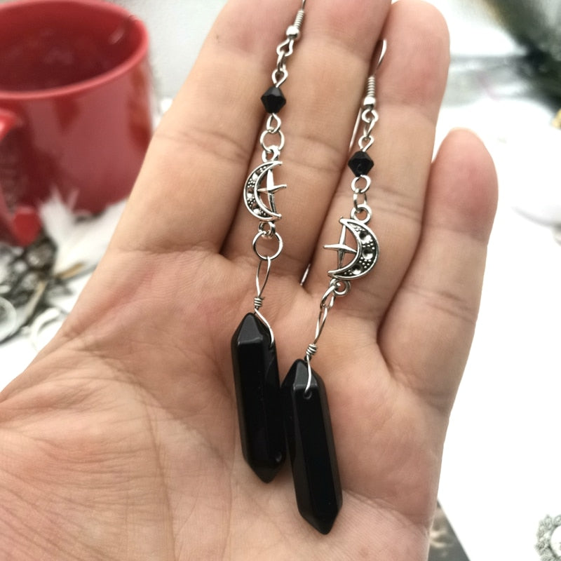 Crescent Moon w/ Black Quartz Dangling Earrings