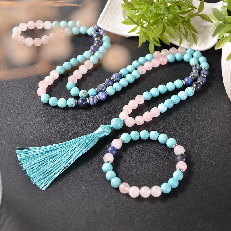 108 Bead Mala Handmade w/ Turquoise, Rose Quartz & Blue Sodalite