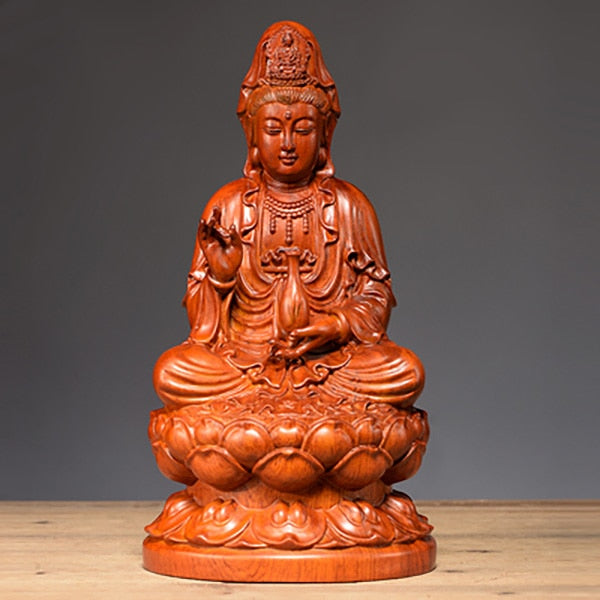 Guanyin Buddha on top of Lotus Flower Hand Carved from Sandalwood