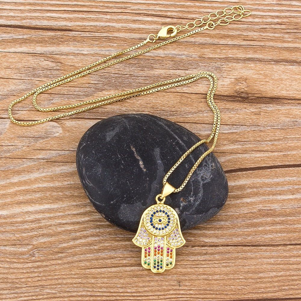 Hand of Fatima w/ Evil Eye Pendant Necklace