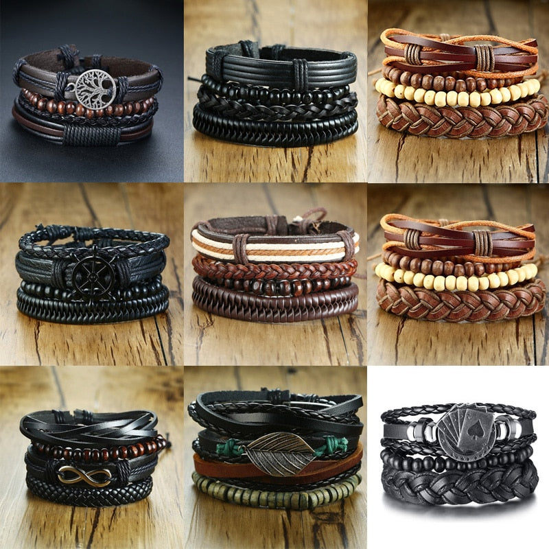 Braided Wrap Leather Bracelets for Men 4Pcs/Set