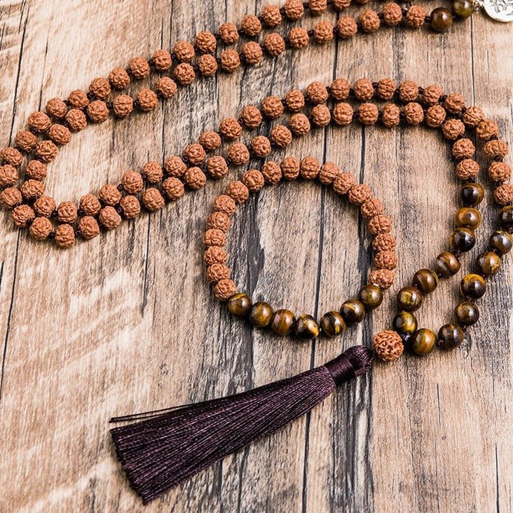 108 Bead Mala Handmade w/ Original Rudraksha & Yellow Tiger Eye Stones