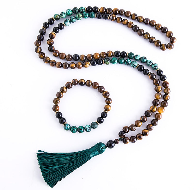 108 Prayer Bead Handmade Mala w/ Black Onyx, Yellow Tiger Eye, African Turquoise & Green Tassel