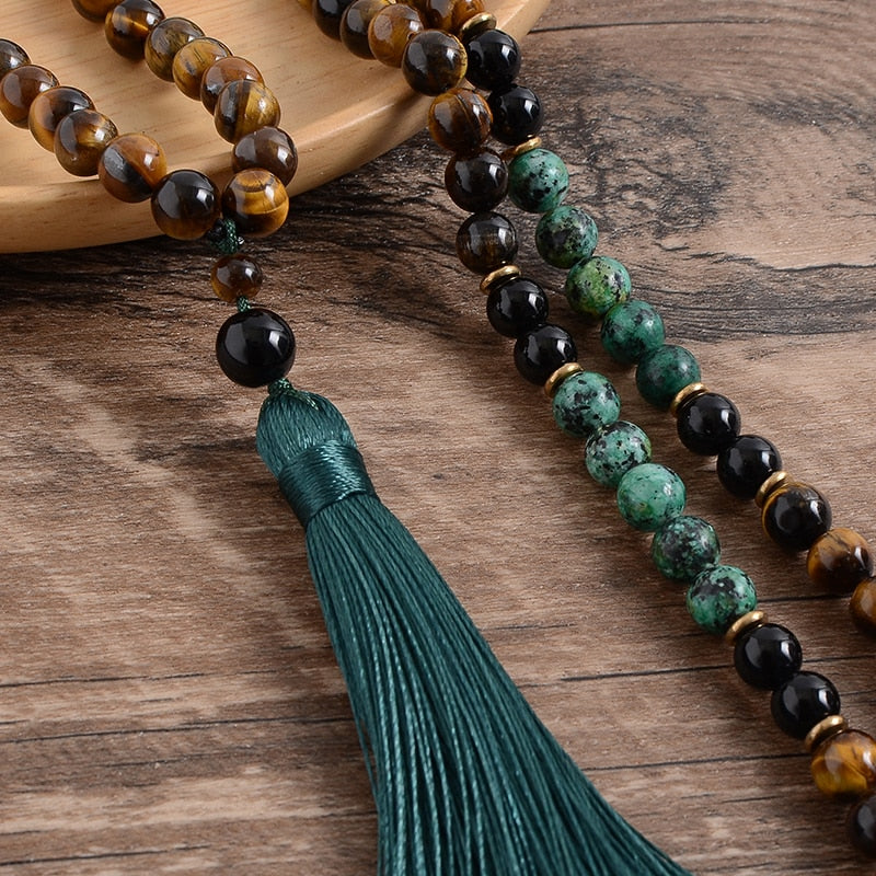 108 Prayer Bead Handmade Mala w/ Black Onyx, Yellow Tiger Eye, African Turquoise & Green Tassel