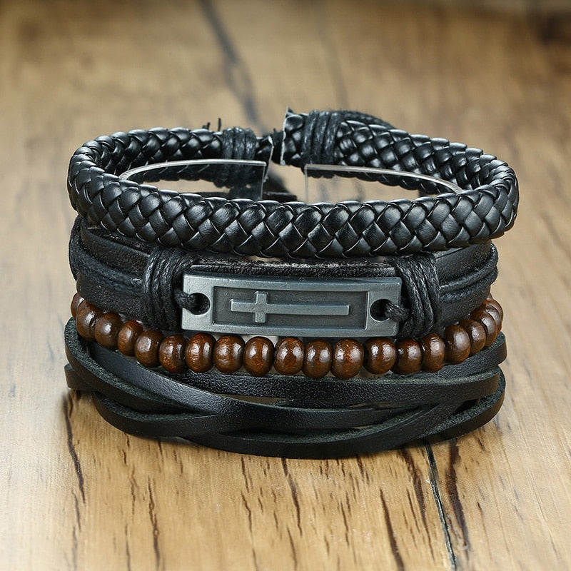 Braided Wrap Leather Bracelets for Men 4Pcs/Set