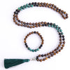 108 Prayer Bead Handmade Mala w/ Black Onyx, Yellow Tiger Eye, African Turquoise & Green Tassel