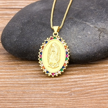 Virgin Mary Rainbow Crystals Pendant Necklace