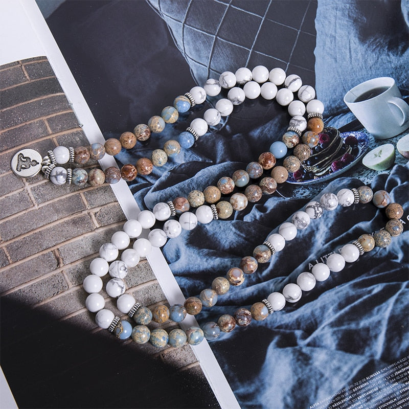 108 Bead Mala Handmade w/ Natural Howlite & Emperor Jasper Stones