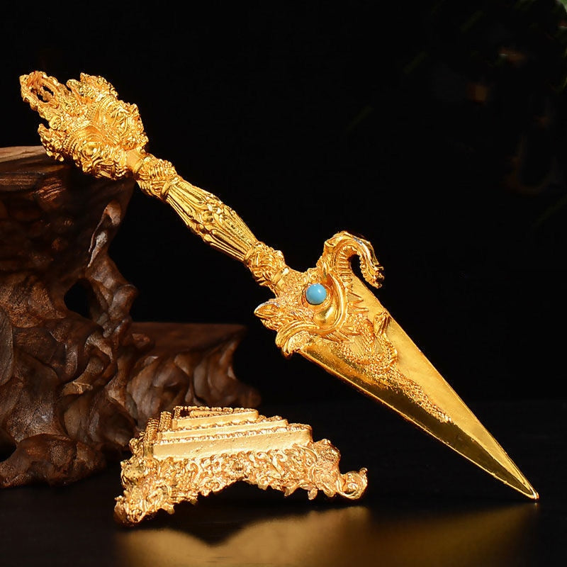 Gold Tantric Buddhist Dagger (Phurpa) w/ Inlaid Gem