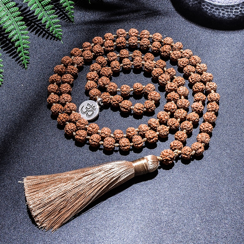 108 Rudraksha Beaded Japamala w/ Silk Tassel & Om Pendant