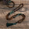 108 Prayer Bead Handmade Mala w/ Black Onyx, Yellow Tiger Eye, African Turquoise & Green Tassel