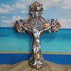 Jesus on the Holy Cross with Saint Benedicts Medal Wooden & Metal Ornament