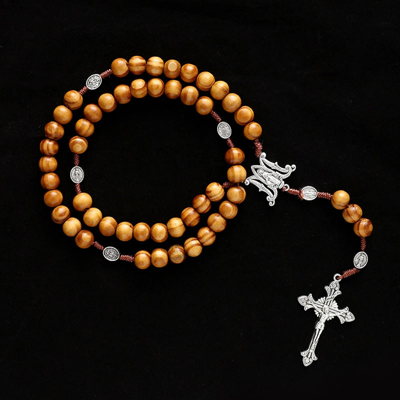 Jesus on the Holy Cross Wood Beaded Rosary w/ Saint Benedict Medal