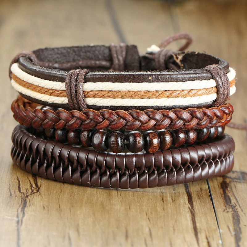 Braided Wrap Leather Bracelets for Men 4Pcs/Set