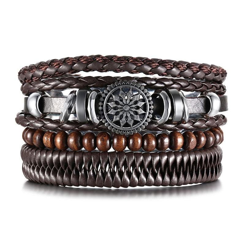 Braided Wrap Leather Bracelets for Men 4Pcs/Set