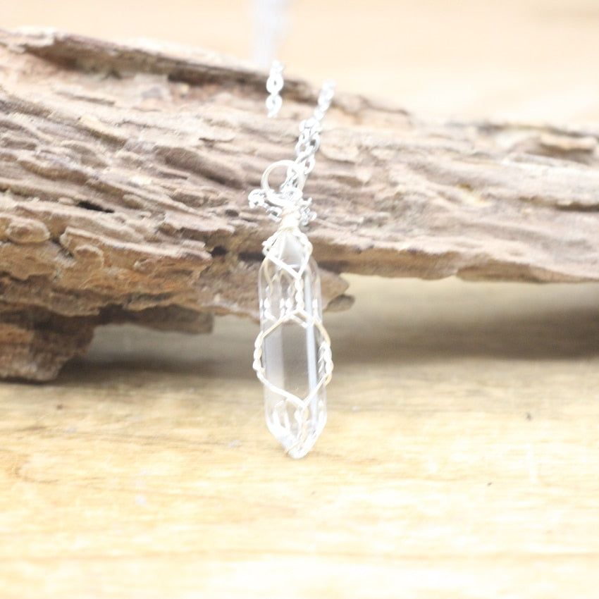 Natural Crystal Wire Wrap Bullet Point Hexagonal Pendulum with Silver Chain