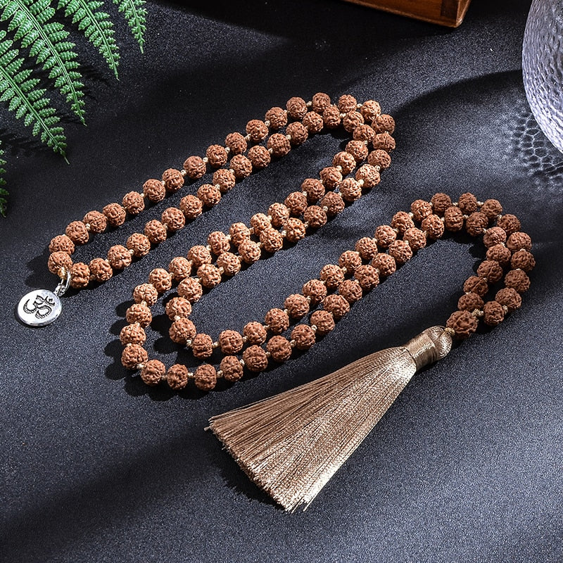 108 Rudraksha Beaded Japamala w/ Silk Tassel & Om Pendant