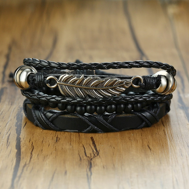 Braided Wrap Leather Bracelets for Men 4Pcs/Set