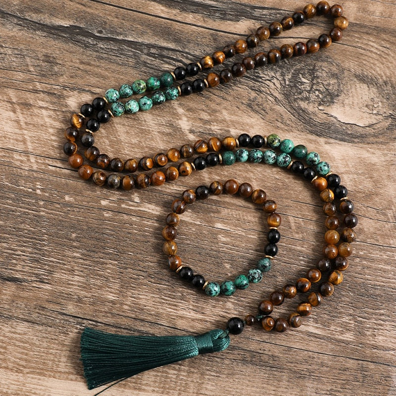 108 Prayer Bead Handmade Mala w/ Black Onyx, Yellow Tiger Eye, African Turquoise & Green Tassel