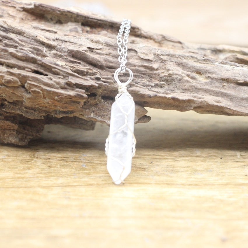 Natural Crystal Wire Wrap Bullet Point Hexagonal Pendulum with Silver Chain