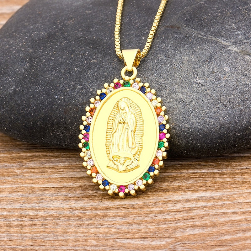 Virgin Mary Rainbow Crystals Pendant Necklace