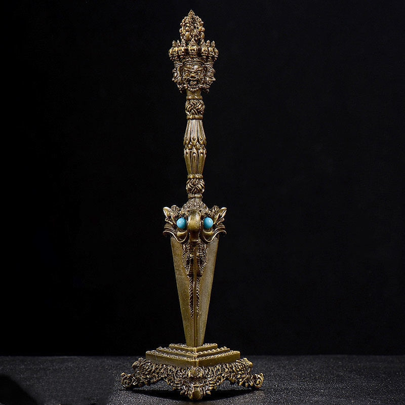 Tantric Buddhist Bronze Dagger with Inlaid Gem Stone